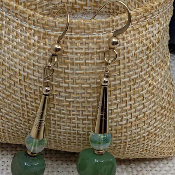 Vintage Handmade Green Glass Dangle Earrings | Boho Drop Style | Lightweight - Picture 12 of 14